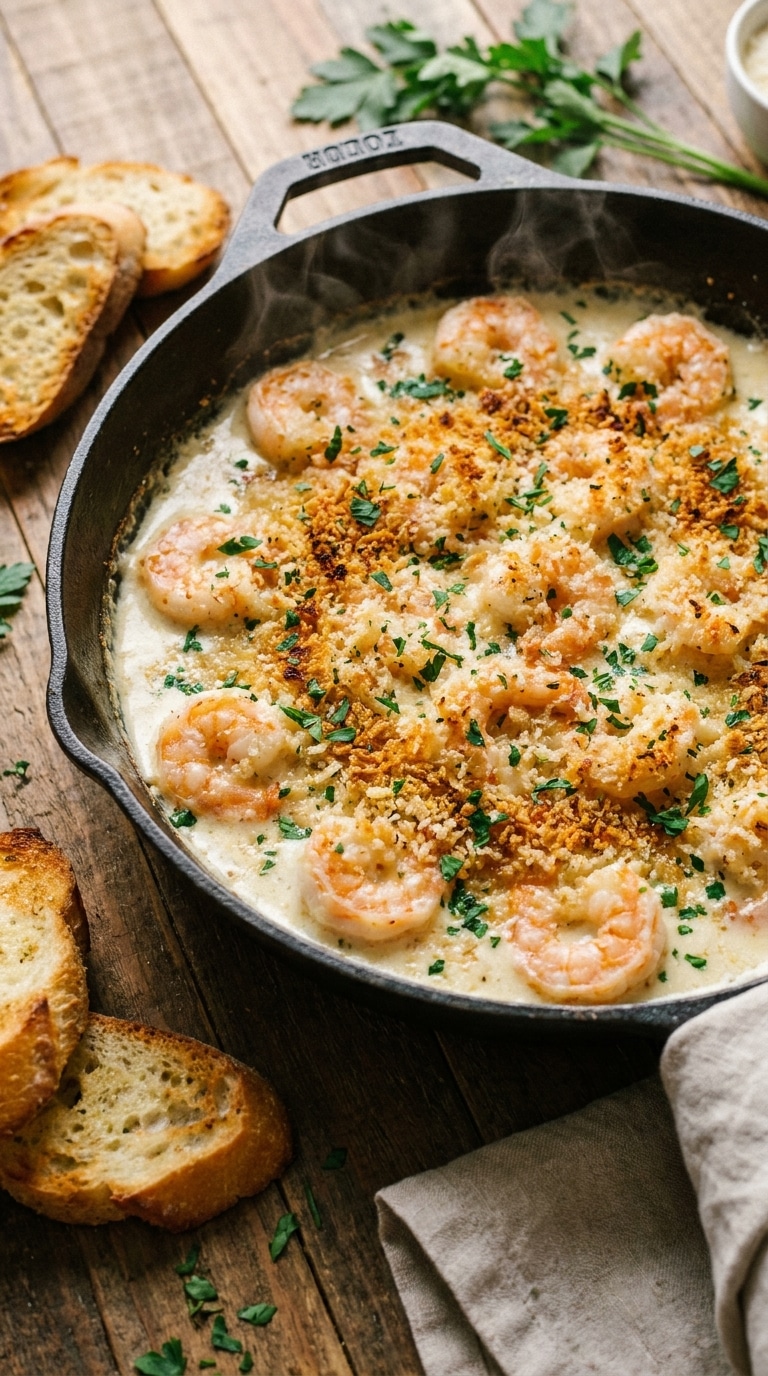A cast-iron skillet filled with baked shrimp in a creamy garlic sauce, topped with a golden-brown crispy Panko breadcrumb crust.