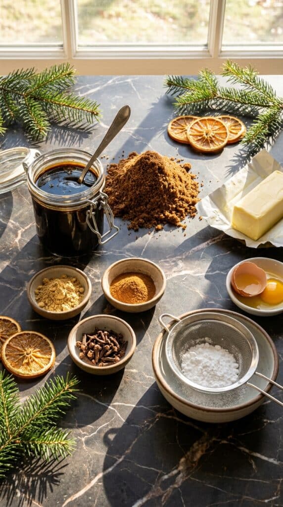 A flat lay showing molasses, brown sugar, butter, egg, powdered sugar, and warm spices like ginger and cinnamon on a dark marble board.