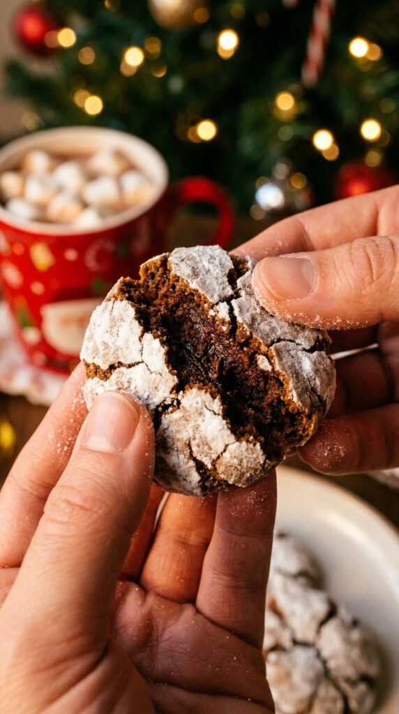 A close-up of a gingerbread crinkle cookie being broken in half to show a soft, chewy center, with a mug of hot chocolate and tree lights in the background.
