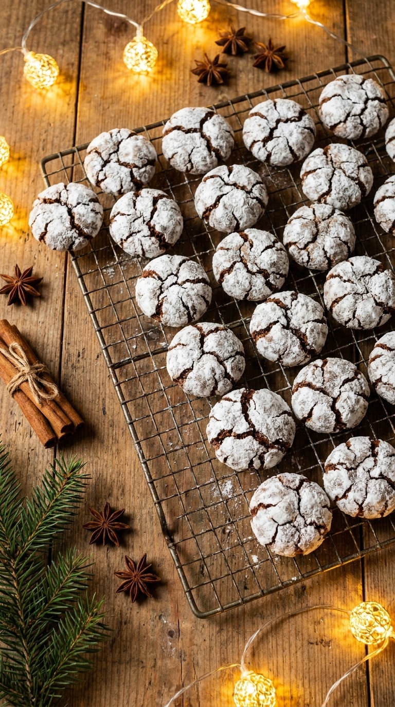 A cooling rack filled with dark brown gingerbread cookies coated in cracked white powdered sugar, surrounded by cinnamon sticks and pine.