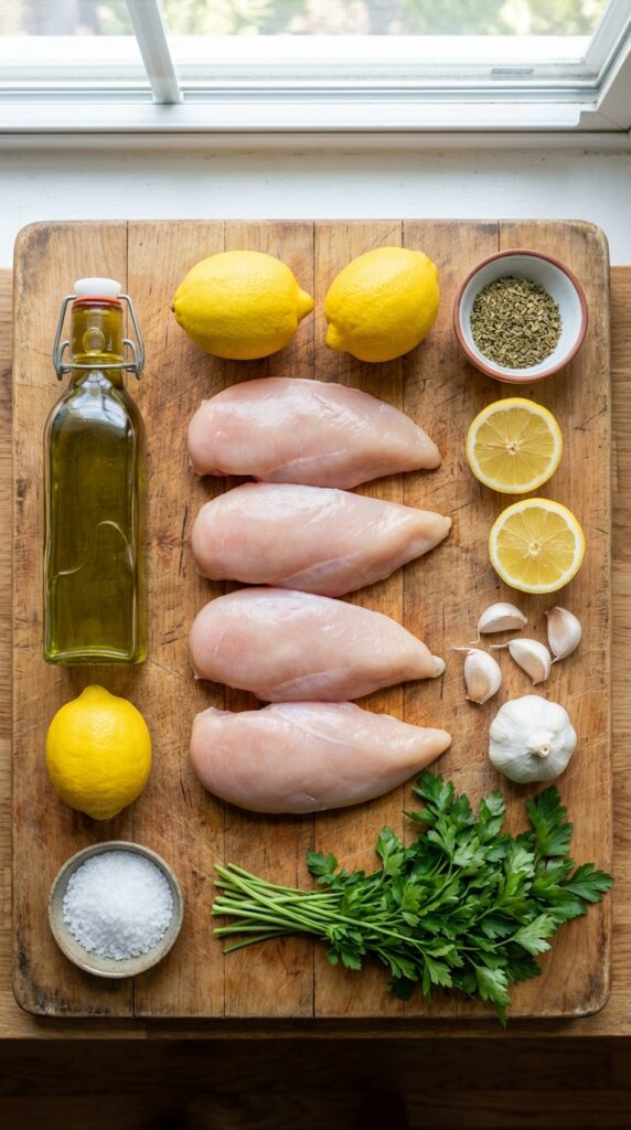 A flat lay showing raw chicken, fresh lemons, olive oil, dried oregano, garlic, salt, and parsley on a wooden board.