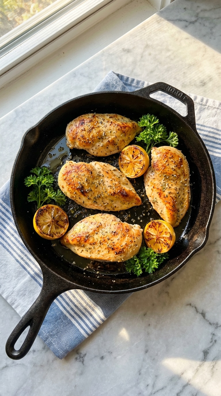A cast iron skillet filled with golden-brown pan-seared chicken breasts, charred lemons, and fresh parsley on a marble counter.
