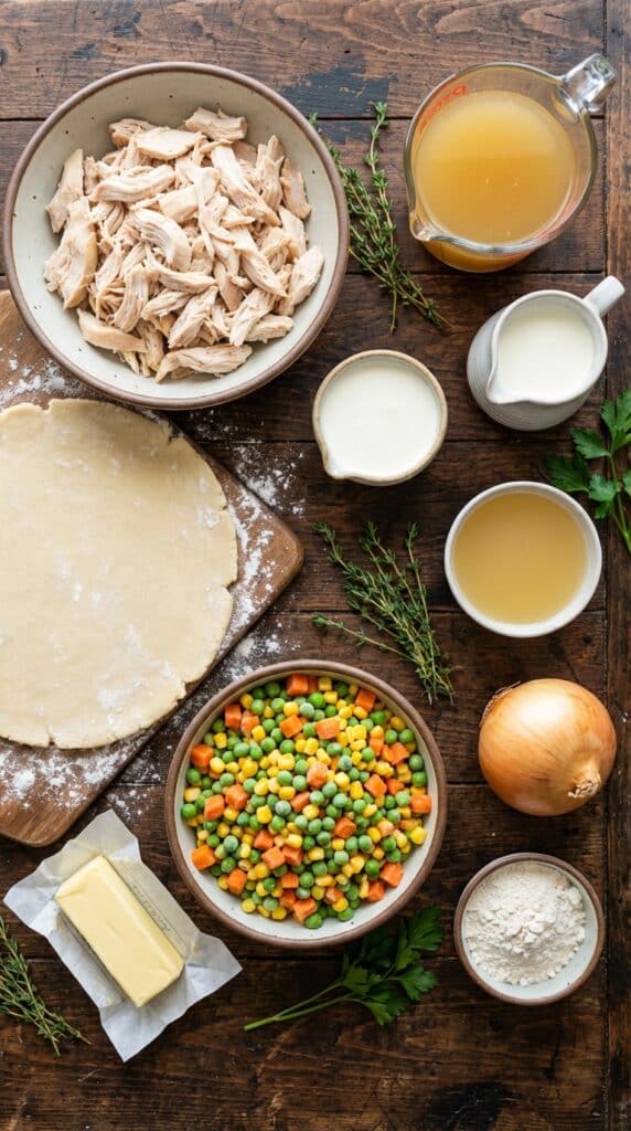 A flat lay showing shredded chicken, raw pie dough, mixed vegetables, broth, cream, butter, and onions on a wooden board.