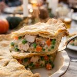 A close-up of a pie server lifting a thick slice of chicken pot pie, showing the creamy chicken and vegetable filling and flaky crust.