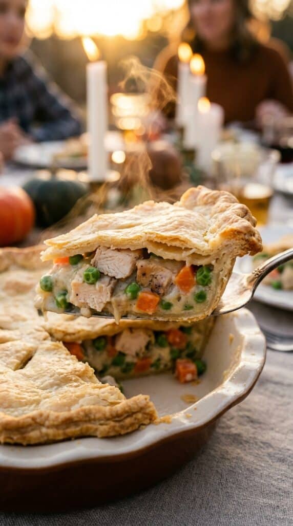 A close-up of a pie server lifting a thick slice of chicken pot pie, showing the creamy chicken and vegetable filling and flaky crust.