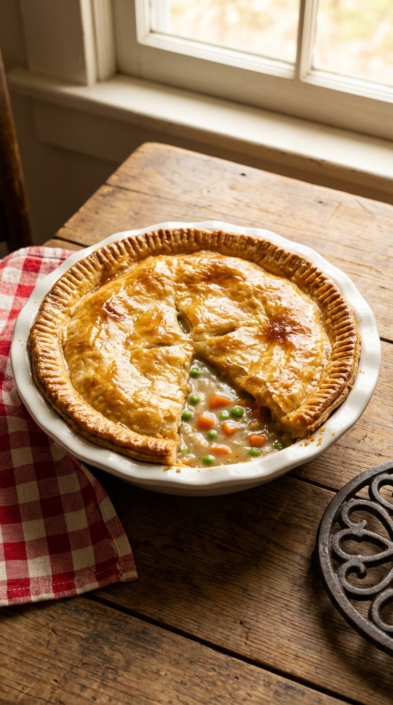 A whole, golden-brown baked chicken pot pie in a white ceramic dish sitting on a rustic wooden table.