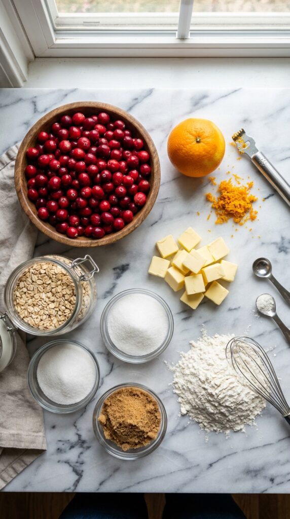 A flat lay showing fresh cranberries, an orange, rolled oats, cubed butter, flour, and brown sugar on a light marble board.