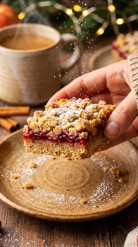 A close-up of a hand lifting a cranberry crumble bar, showing the thick layers of oat crust, red berry filling, and crumble topping, with holiday lights in the background.
