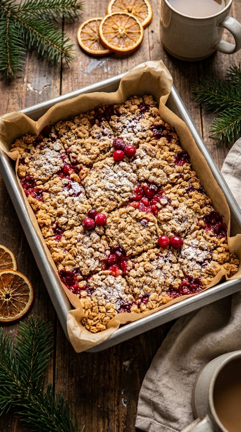 A top-down view of a baking pan filled with golden oat crumble bars layered with bright red cranberry jam, sitting on a rustic wooden table with holiday decor.