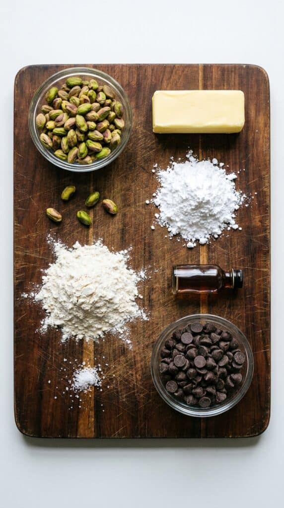 A flat lay showing shelled pistachios, butter, powdered sugar, flour, vanilla, and dark chocolate chips on a wooden board.