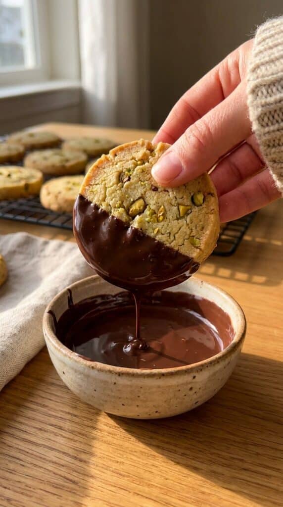A close-up of a hand dipping a crumbly pistachio shortbread cookie into a bowl of melted dark chocolate.