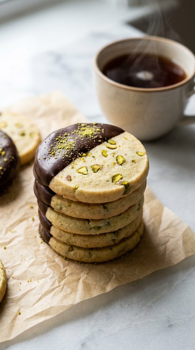 A stack of round, buttery pistachio shortbread cookies, with the top cookie dipped in dark chocolate, resting on marble.