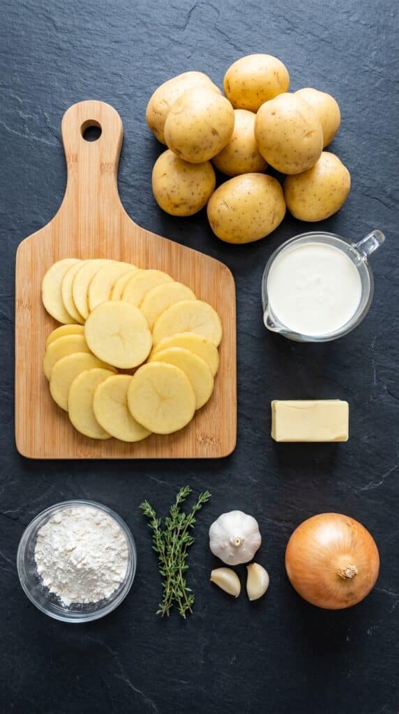A flat lay showing whole and sliced potatoes, heavy cream, butter, flour, thyme, garlic, and onions on a dark slate board.