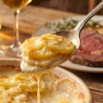 A close-up of a serving spoon lifting a creamy scoop of layered scalloped potatoes, with steam rising and a dinner plate in the background.
