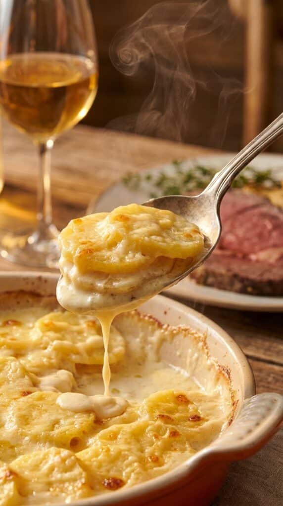 A close-up of a serving spoon lifting a creamy scoop of layered scalloped potatoes, with steam rising and a dinner plate in the background.
