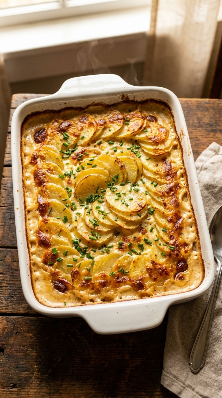 A top-down view of a white baking dish filled with layered scalloped potatoes in a creamy, golden-brown sauce topped with fresh chives.