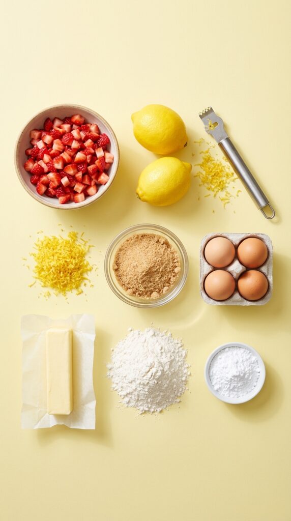 A flat lay showing diced strawberries, whole lemons, lemon zest, butter, eggs, flour, and brown sugar on a pastel yellow board.