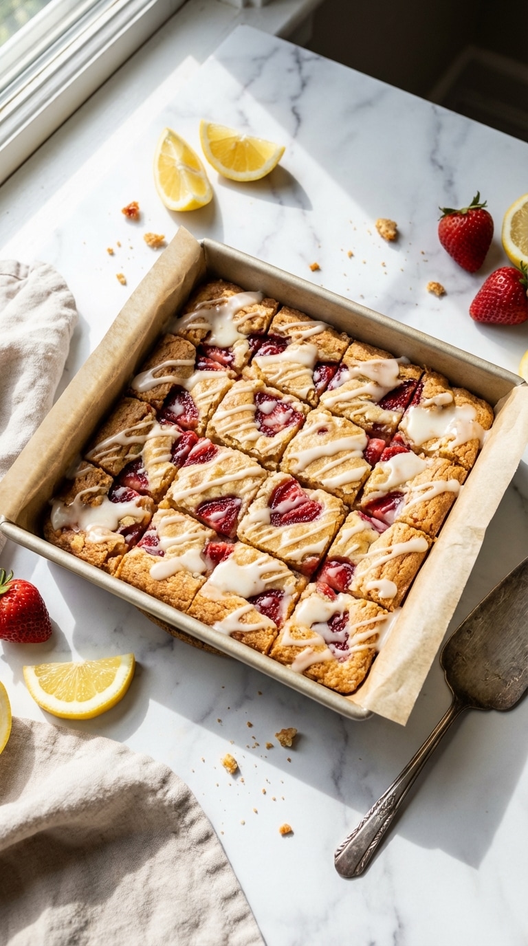 A pan of sliced, golden strawberry lemon blondies drizzled with white glaze, surrounded by fresh lemons and strawberries on a marble counter.