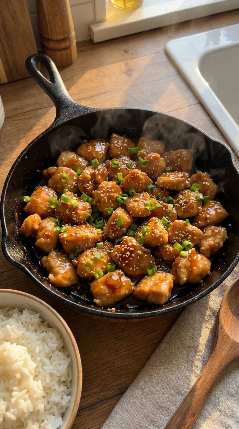 A top-down view of a cast-iron skillet filled with crispy chicken coated in a shiny, sticky honey garlic sauce, garnished with sesame seeds and green onions.