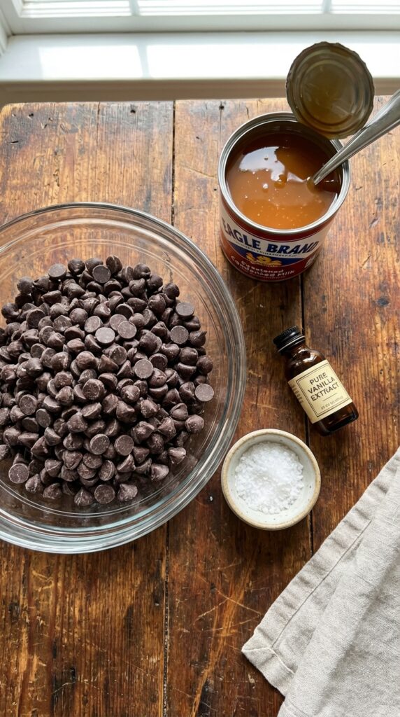 A flat lay showing a bowl of chocolate chips, an open can of sweetened condensed milk, vanilla extract, and sea salt on a wooden board.