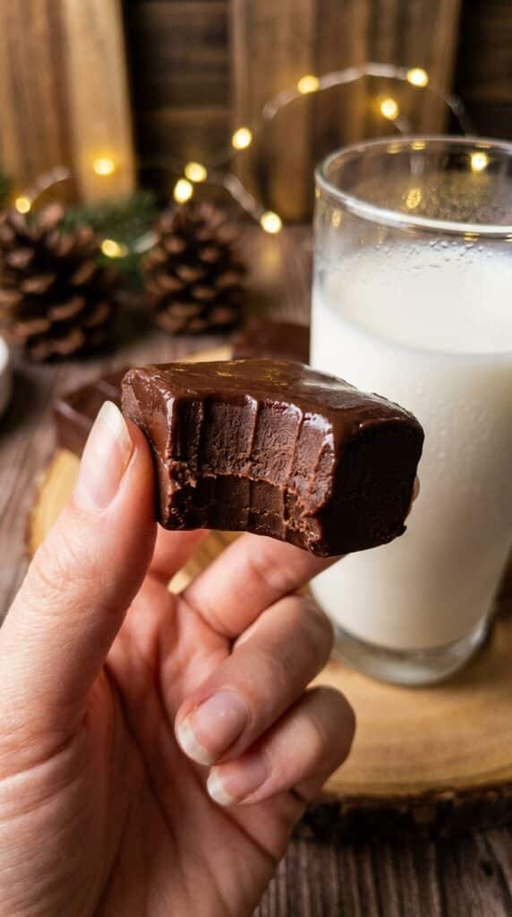 A close-up of a hand holding a square of chocolate fudge with a bite taken out, showing its smooth, dense, and creamy interior.