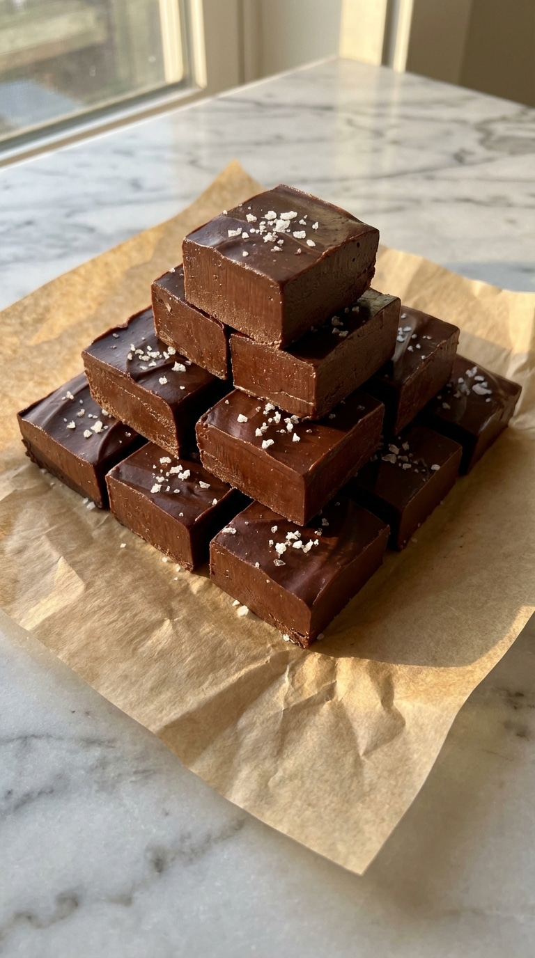 A stack of perfectly cut, smooth chocolate fudge squares sprinkled with flaky sea salt on parchment paper.