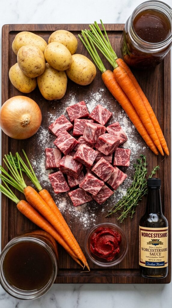 A flat lay showing raw cubed beef tossed in flour, carrots, potatoes, onions, beef broth, tomato paste, and fresh thyme on a wooden board.