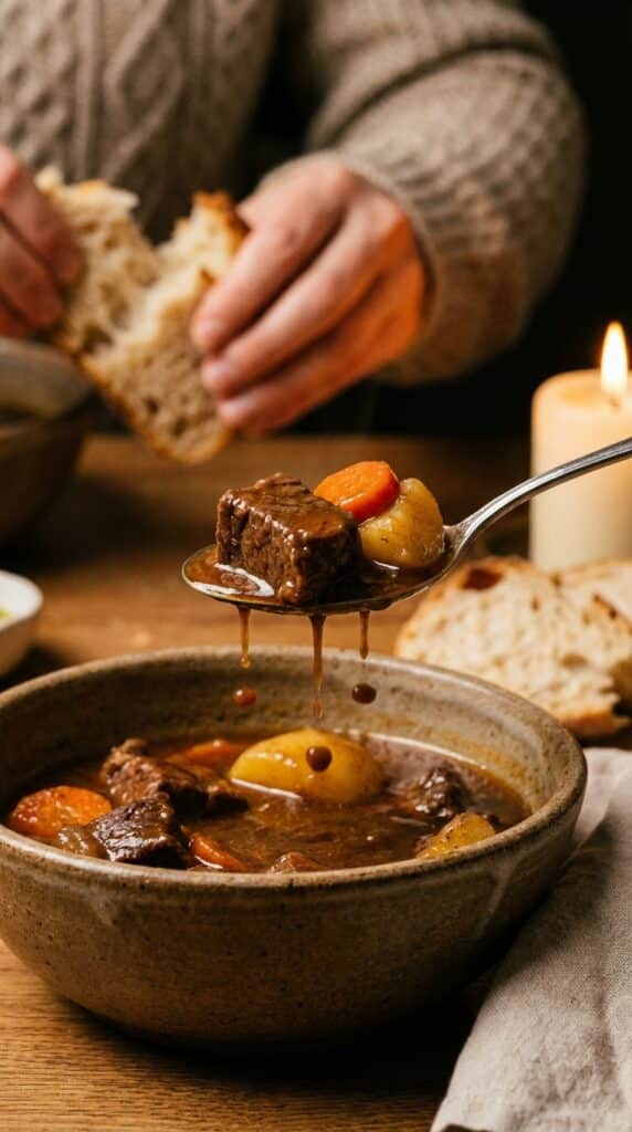 A close-up of a spoon holding a chunk of beef, a carrot, and a potato coated in thick brown gravy, with crusty bread in the background.