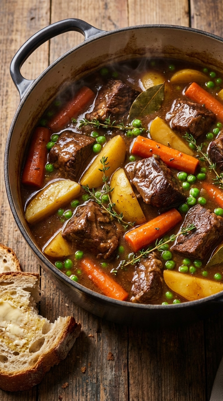 A top-down view of a cast iron Dutch oven filled with thick, rich beef stew containing carrots, potatoes, and peas, with steam rising.
