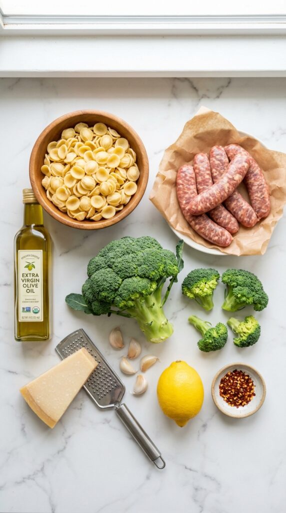 A flat lay showing dry orecchiette pasta, raw Italian sausage, broccoli, olive oil, Parmesan cheese, garlic, and a lemon on a marble board.