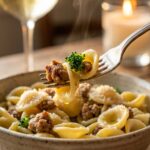 A close-up of a fork holding a piece of orecchiette pasta cupping a crumble of sausage and a piece of broccoli, with a wine glass in the background.