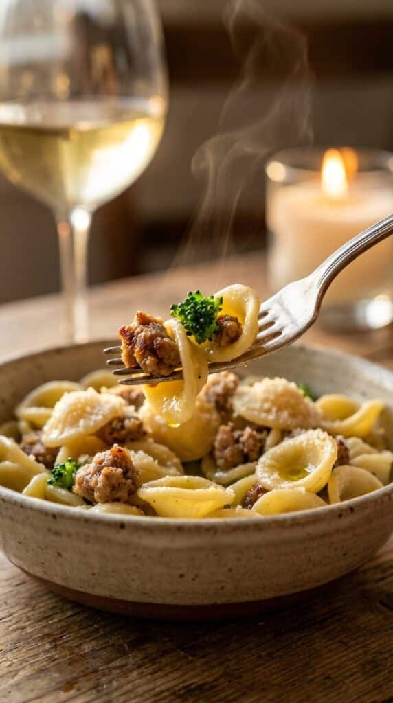 A close-up of a fork holding a piece of orecchiette pasta cupping a crumble of sausage and a piece of broccoli, with a wine glass in the background.