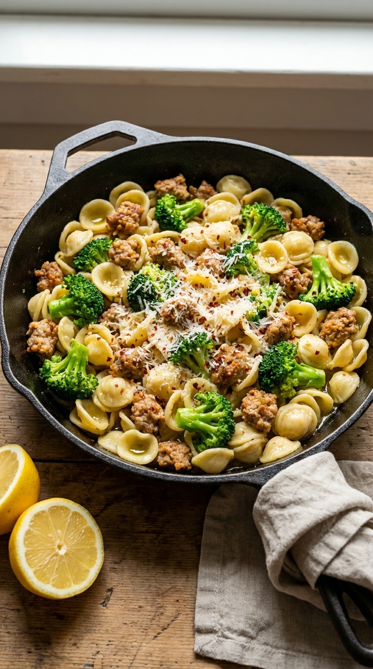 A top-down view of a cast iron skillet filled with orecchiette pasta, crumbled Italian sausage, and bright green broccoli florets topped with Parmesan cheese.
