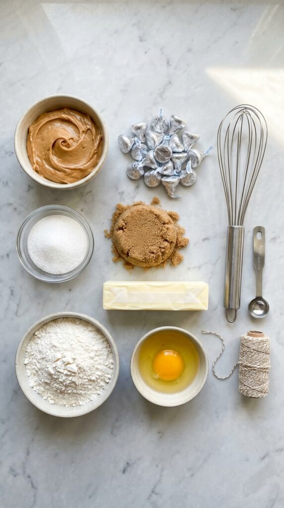 A flat lay showing creamy peanut butter, unwrapped chocolate kisses, granulated sugar, brown sugar, butter, flour, and an egg on a marble board.