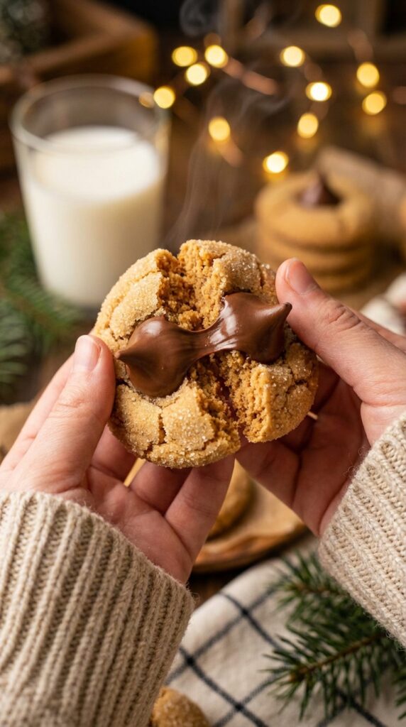 A close-up of hands breaking a warm peanut butter blossom cookie in half, showing a soft center and a slightly melted chocolate kiss.