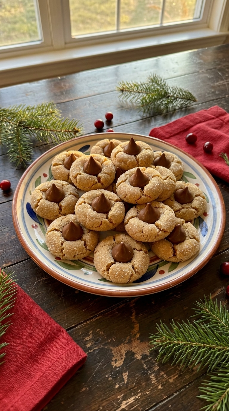 A festive platter filled with sugar-coated peanut butter cookies, each topped with a chocolate kiss in the center, surrounded by pine sprigs.