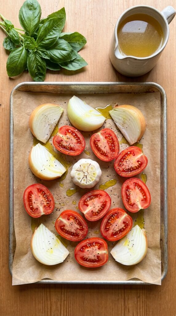 A flat lay showing a baking sheet with halved raw tomatoes, onions, and garlic drizzled with olive oil, next to fresh basil and broth.