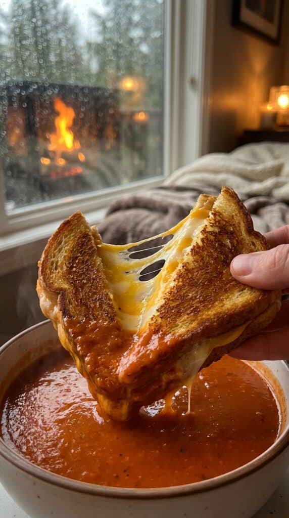 A close-up of a crispy grilled cheese sandwich being dunked into a bowl of hot tomato soup, showing a gooey cheese pull.