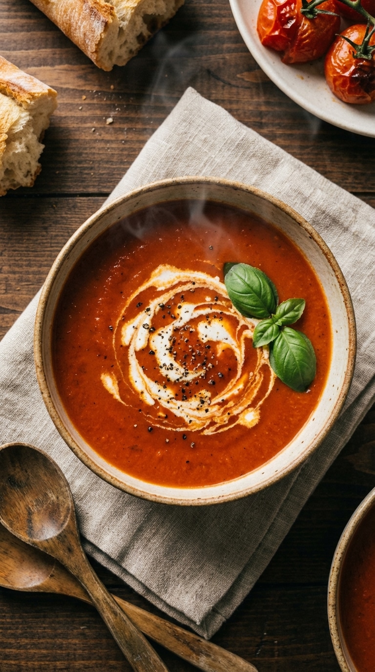 A close-up of a ceramic bowl filled with vibrant red tomato soup, garnished with a cream swirl and fresh basil leaf.