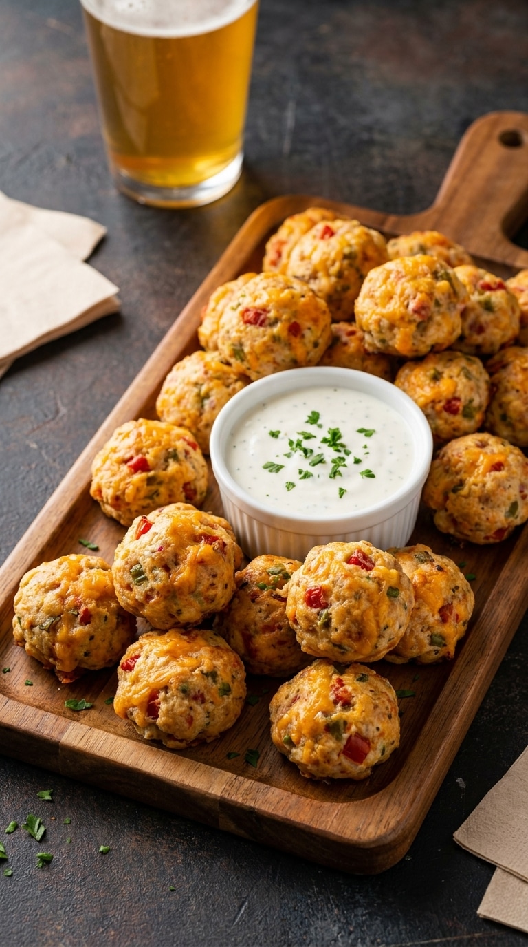 A wooden serving board piled with golden brown sausage balls speckled with red and green chilies, served with a bowl of ranch dip.