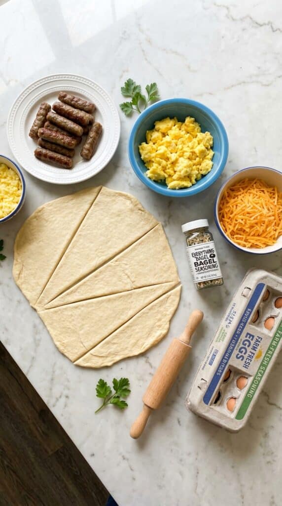 A flat lay showing raw crescent dough triangles, cooked sausage links, scrambled eggs, shredded cheddar, and everything bagel seasoning on a marble board.