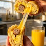 A close-up of hands breaking open a breakfast roll-up, revealing sausage, eggs, and a stretch of melted cheese inside the flaky crescent dough.