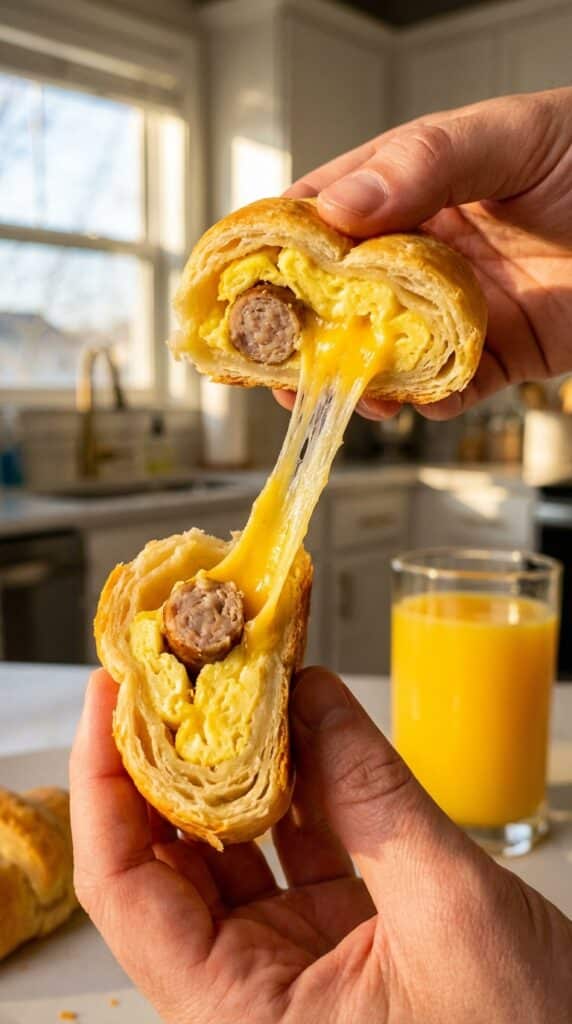 A close-up of hands breaking open a breakfast roll-up, revealing sausage, eggs, and a stretch of melted cheese inside the flaky crescent dough.