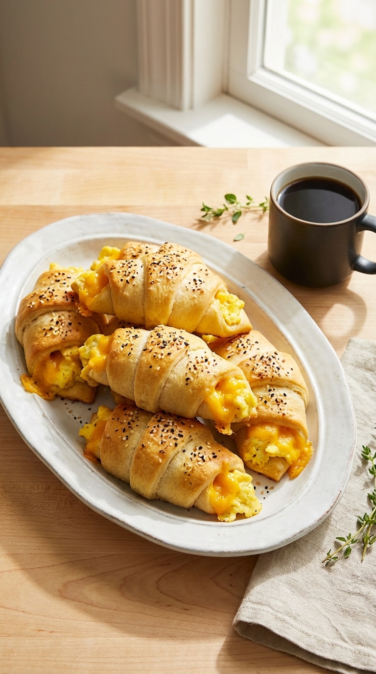A white platter filled with baked crescent roll-ups stuffed with sausage, scrambled eggs, and melted cheese, sitting next to a cup of coffee.
