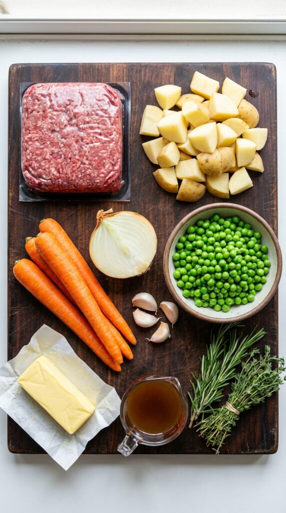 A flat lay showing raw ground meat, cubed potatoes, carrots, onions, peas, butter, broth, and fresh herbs on a wooden board.