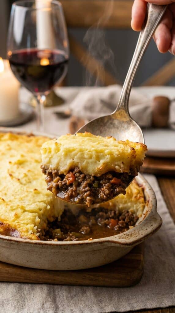 A close-up of a serving spoon scooping out a portion of Shepherd's pie, showing distinct layers of mashed potatoes and meat filling.