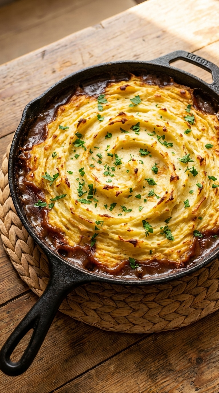 A top-down view of a cast iron skillet filled with baked Shepherd's pie featuring a golden-brown mashed potato crust.