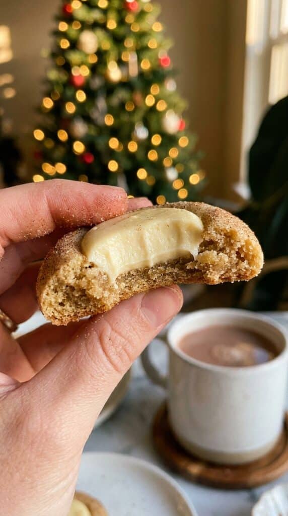 A close-up of a hand holding an eggnog snickerdoodle cookie with a bite taken out, showing the soft center and creamy frosting.