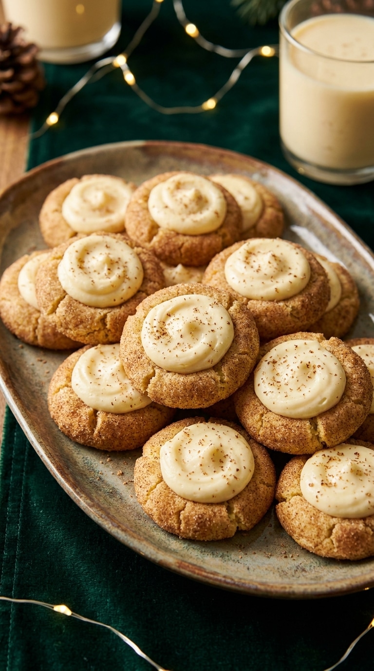 A festive platter of cinnamon-sugar coated thumbprint cookies filled with creamy eggnog frosting and dusted with nutmeg.