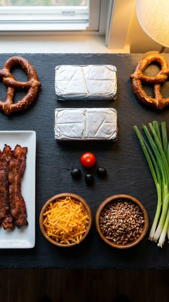 A flat lay showing cream cheese, cheddar cheese, bacon, pecans, pretzels, a cherry tomato, and olives on a dark slate board.